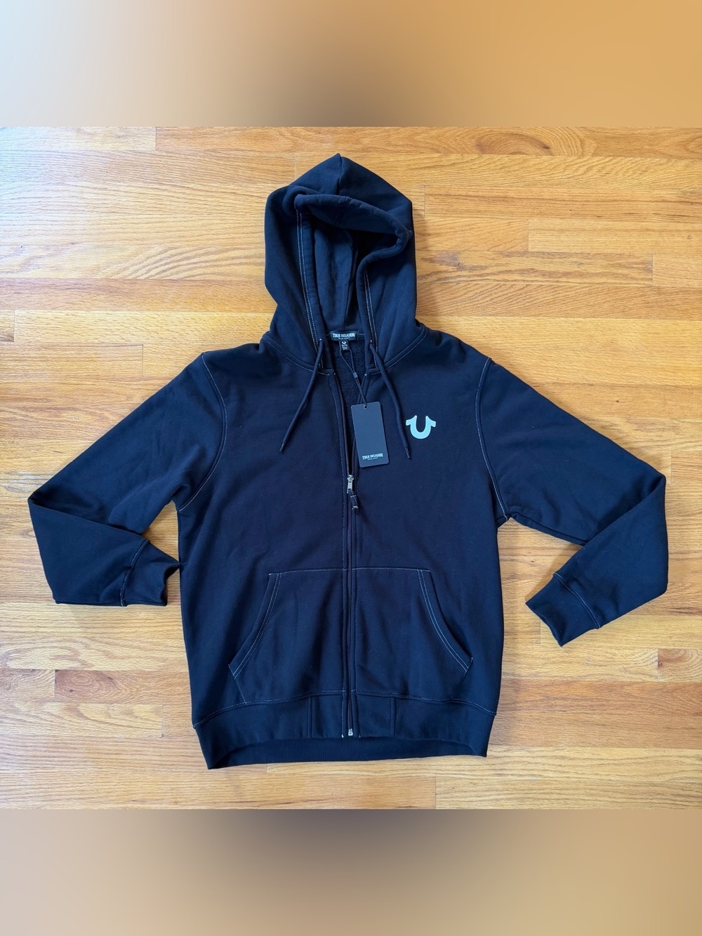 True Religion Black Hoodie with Red Buddha Seal Graphic